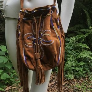 Vintage Antik Batik suede cross body bag with beads and fringes